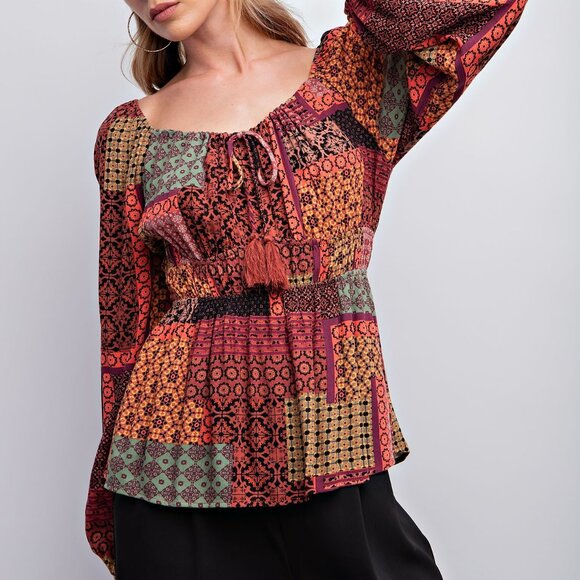 H22 BOHO PRINTED GAUZE WOVEN TOP - BROWN COMBO - Picture 1 of 1